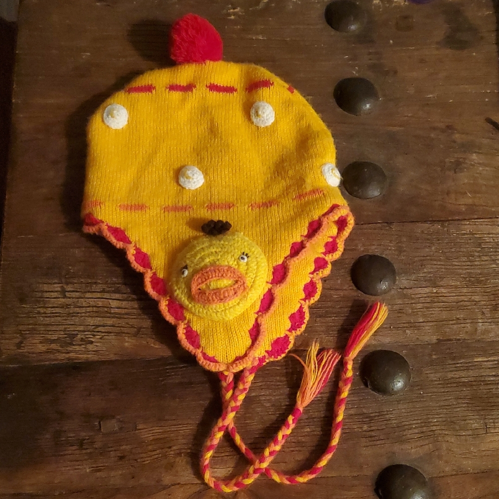 Yellow and Red Knit Hat with Earflaps Duck Design
